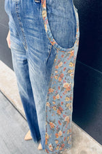 Blue Floral Patchwork Bib Denim Wide Leg Overalls