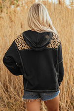 Leopard Patchwork Contrast Stitching Knotted Cuff Quarter Zip Hoodie