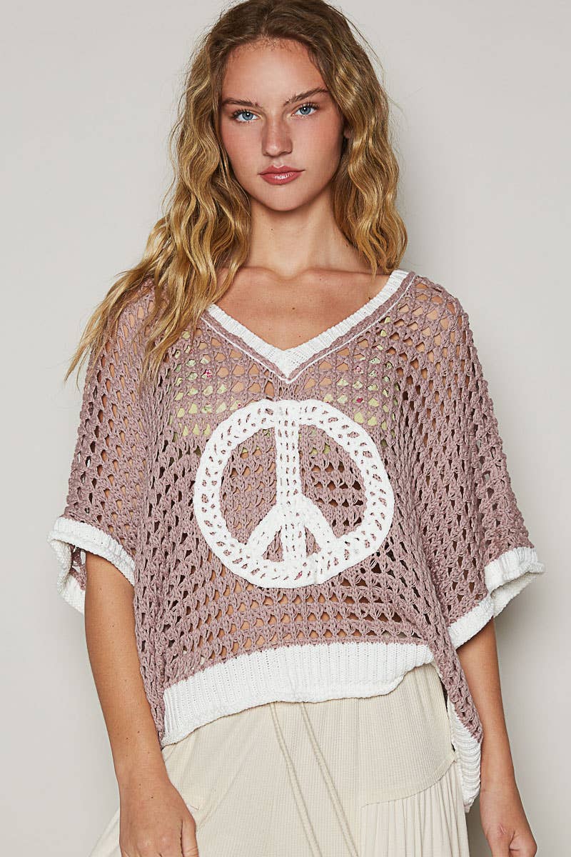 Oversize v-neck short sleeve peace sign sweater POL
