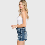P428RH-DK HIGH RISE STRETCH PATCHED SHORTS W/ FRAYED HEM