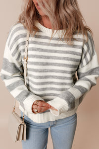 Gray Stripe Drop Shoulder Crew Neck Sweater