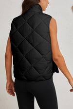 Black Quilted High Neck Button Up Pocket Vest