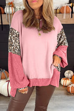 Pink Color Block Leopard Patchwork Dolman Sleeve High Low Baggy Sweatshirt