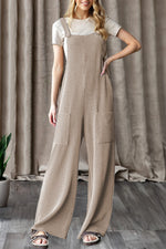 Ribbed Knit Patched Pocket Wide Leg Overalls