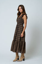 PLAID SMOCKED V NECK BUTTON DOWN RUFFLED MIDI DRES