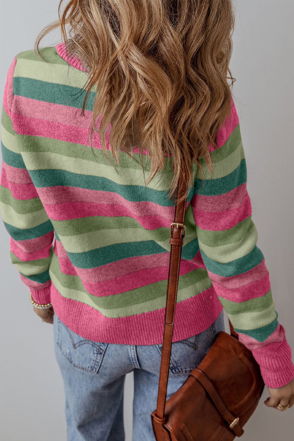 Pink/Green Color Block Ribbed Edge Round Neck Sweater