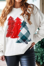 Pearl Plaid Christmas Tree Patched Drop Shoulder Sweatshirt