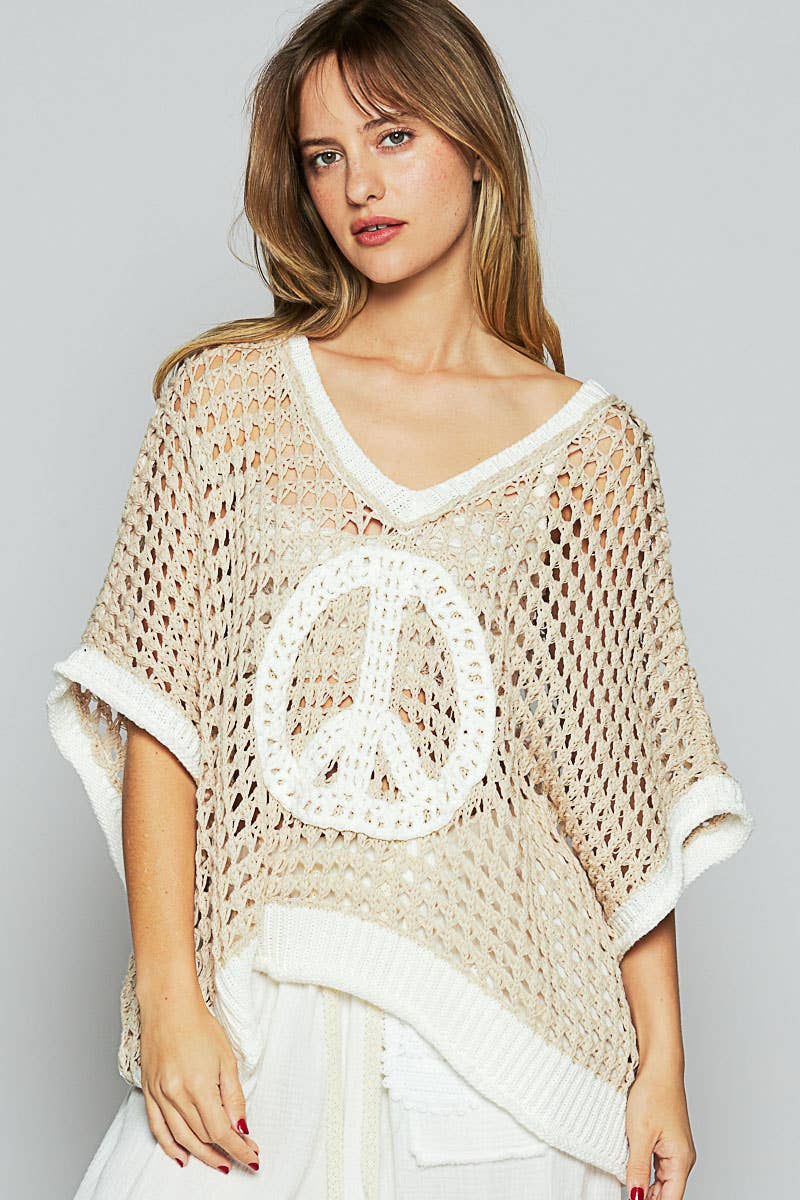 Oversize v-neck short sleeve peace sign sweater POL