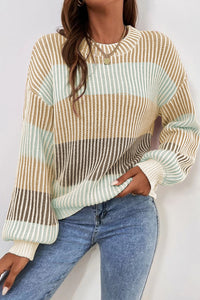 Colorblock Textured Knit Bubble Sleeve Sweater