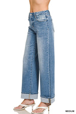 High Rise Cuffed Wide Leg Denim Pants - Zenana