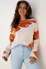 Bold Flower Pattern Wide Sleeve Baggy Sweater