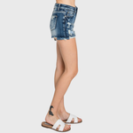 P428RH-DK HIGH RISE STRETCH PATCHED SHORTS W/ FRAYED HEM