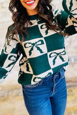 Green Checkered Bow Print Casual Sweater
