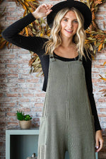 Rib Knit Wide Leg Adjustable Strap Overall Jumpsuit J5293