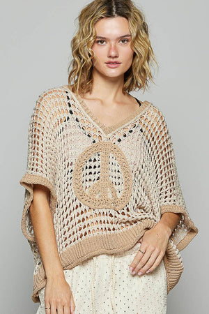Oversize v-neck short sleeve peace sign sweater POL