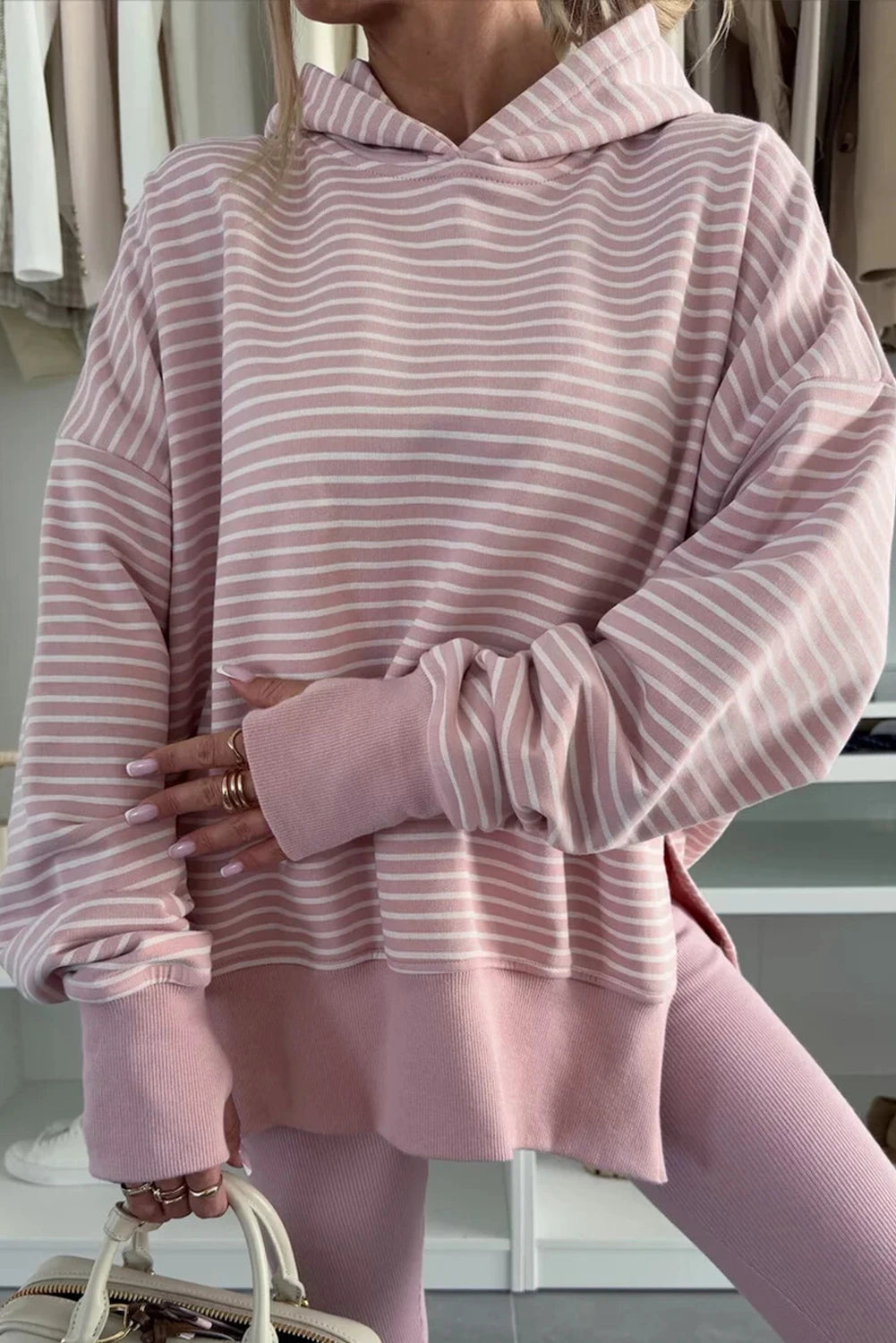 Stripe Thumbhole Side Slits Drop Shoulder Loose Fit Hoodie