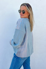 Blue Exposed Seam Waffle Striped Patchwork Baggy Pullover