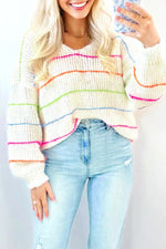 Colorful Striped Detail V Neck Drop Shoulder Baggy Sweater