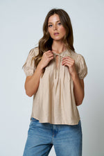 EMBROIDERED YOKE LACE TRIM PINTUCK DETAIL TOP