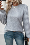 Gray Contrast Ribbed Bishop Sleeve Top