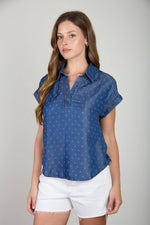 JACQUARD COLLARED SHORT SLEEVE CHAMBRAY TOP
