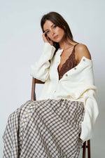 PLAID SMOCKED WAIST BUTTON DOWN MIDI SKIRT