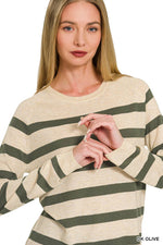 Lightweight Wool Blend Striped Round Neck Sweater  Zenana