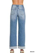 High Rise Cuffed Wide Leg Denim Pants - Zenana