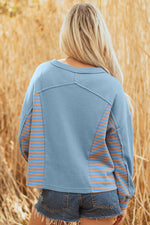 Blue Exposed Seam Waffle Striped Patchwork Baggy Pullover
