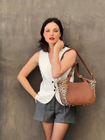 ELAINE  SATCHEL WITH LEOPARD PRINT ACCENT IN BUCKLED HANDLE