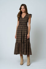 PLAID SMOCKED V NECK BUTTON DOWN RUFFLED MIDI DRES