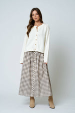 PLAID SMOCKED WAIST BUTTON DOWN MIDI SKIRT