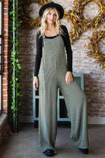 Rib Knit Wide Leg Adjustable Strap Overall Jumpsuit J5293