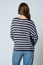 STRIPE RAW EDGE SPLIT NECK SHEER KNIT SWEATER