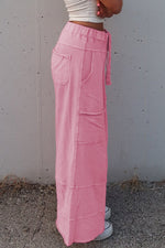 Bonbon Mineral Wash Exposed Seam Drawstring High Waist Wide Leg Cargo Pants