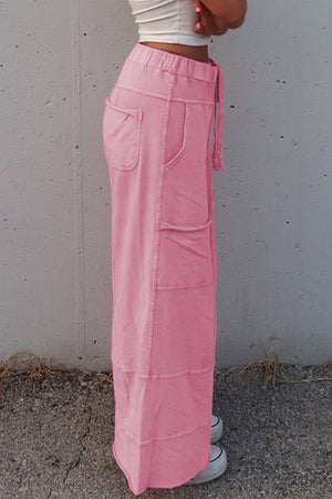 Bonbon Mineral Wash Exposed Seam Drawstring High Waist Wide Leg Cargo Pants