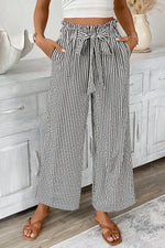 Black Stripe Tied High Waist Loose Straight Casual Pants