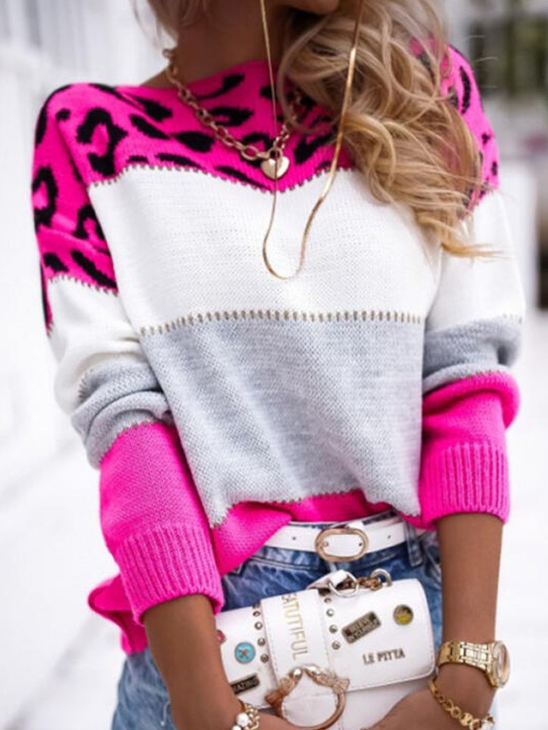 Leopard Color Block Round Neck Long Sleeve Sweater