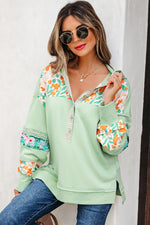 Lace Floral Patchwork Half Button Hooded Pullover