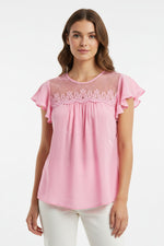 MESH CROCHET YOKE RUFFLE SLEEVE BLOUSE